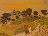 un tableau représentant deux personnes descendant une colline