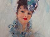 an oil painting of a woman in a blue dress with a flower in her hair