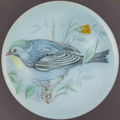 une assiette sur laquelle est peint un oiseau, posée sur une table