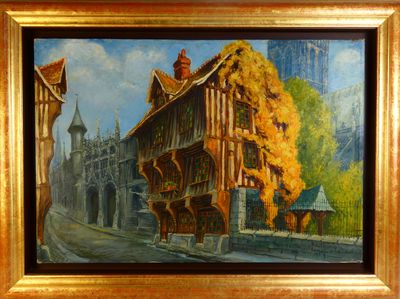 une peinture représentant un bâtiment, située au bord de la rue
