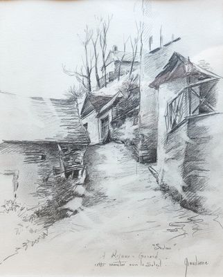 dessin au crayon représentant une maison au bord d'une rivière