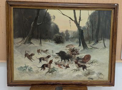 une peinture à l'huile représentant des chiens dans un paysage enneigé parsemé d'arbres