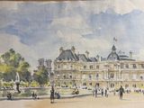 a painting of a building with a fountain in front of it