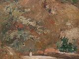 an image of a painting of a dirt road in the mountains