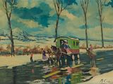 a painting of a horse drawn carriage on a snowy road
