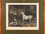 painting of a horse and hounds in a stable with a man and a dog