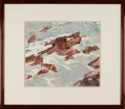 an image of a painting of rocks in the ocean with waves