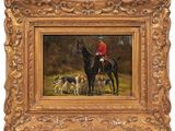 an image of a painting of a man on a horse with a group of dogs
