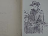 an old book with a drawing of a man in a hat