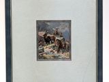 tableau représentant un troupeau de chevaux sauvages dans un paysage rocheux