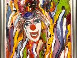 tableau représentant un clown coiffé d'un haut-de-forme, avec de nombreux autres clowns en arrière-plan