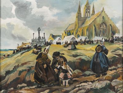 a painting of a group of people standing in front of a church