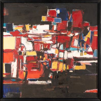 an abstract painting of a cityscape in red, yellow, and blue