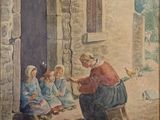 un vieux tableau représentant une femme assise devant un bâtiment, entourée d'enfants