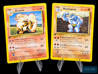 two pokemon cards are shown on a black background