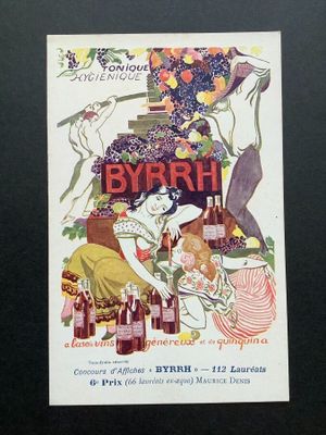 a poster of a woman sitting on a chair with a bottle of wine