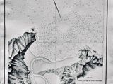 an old black and white map of a lake with a plane flying over it