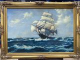 une peinture à l'huile représentant un voilier en mer, posée sur une table