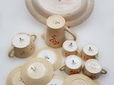 a lot of cups and saucers sitting on a table