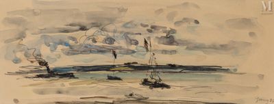 painting of boats on the water with a cloudy sky in the background
