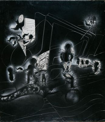 Roger FREZIN (1927-2012) "Les astronautes" Aérographes blanc…