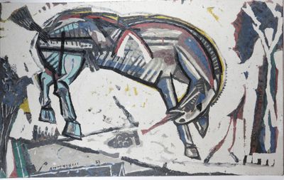 abstract painting of a horse with a man and a woman in the background