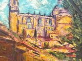 an oil painting of a building with a clock tower in the background