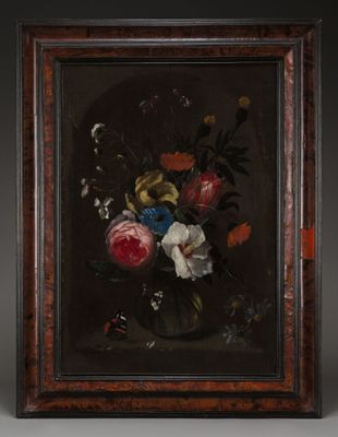 painting of flowers in a glass vase on a table