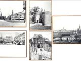 plusieurs photographies en noir et blanc d'une ville dotée d'une tour horloge