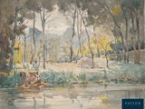 watercolor painting of a river in a wooded area surrounded by trees
