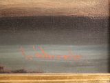 an oil painting of a boat on a body of water with a sky in the background