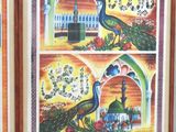 four pictures of a peacock and a building on the wall