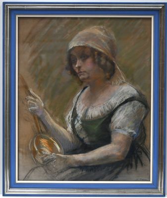painting of a woman in a bonnet holding a brush and a bowl