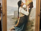 a painting of a woman holding a vase on a table