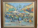 une peinture à l'huile représentant une scène de marché avec des gens qui s'y promènent
