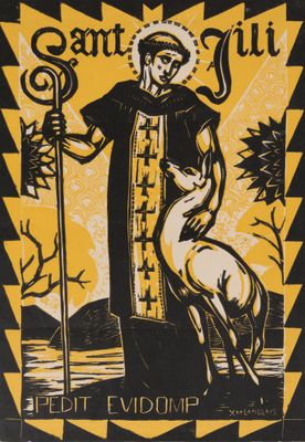 une affiche noire et jaune représentant un saint tenant un bâton