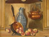 un tableau représentant un pichet et des pommes posés sur une table