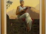 an oil painting of a woman sitting on a ledge playing a guitar