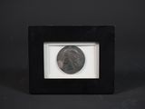 une photo en noir et blanc d'une pièce de monnaie dans un cadre noir
