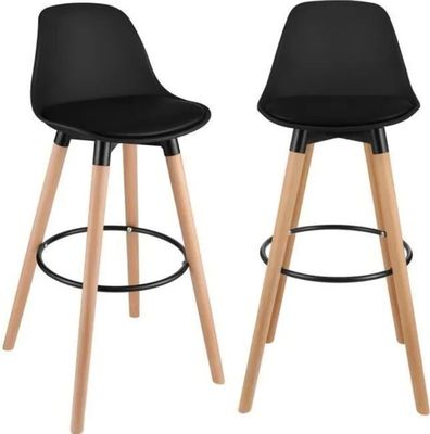 Lot de 2 Tabourets de Bar en Similicuir - Noir - pieds en bo…