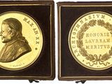 three framed portraits of men in profile with a wreath around them