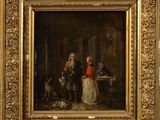 a painting of a man and a woman standing in a room with a dog