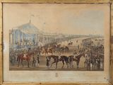 tableau représentant une course hippique avec une foule de personnes et de chevaux