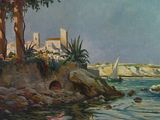 a painting of a boat on the water near a cliff