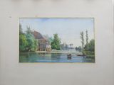 painting of a boat on a river with a house in the background