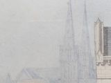 drawing of a view of a building with a clock tower in the background