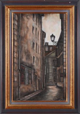 tableau représentant une scène de rue avec un lampadaire et des bâtiments