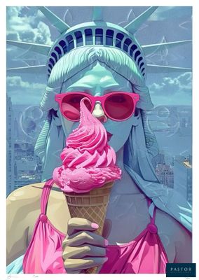 La statue de la Liberté tient un cornet de glace devant son visage.