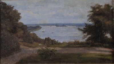 une image représentant une peinture d'un paysage aquatique avec un bateau au loin