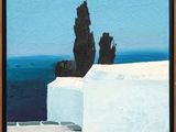 une peinture à l'huile représentant un bâtiment blanc avec l'océan bleu en arrière-plan